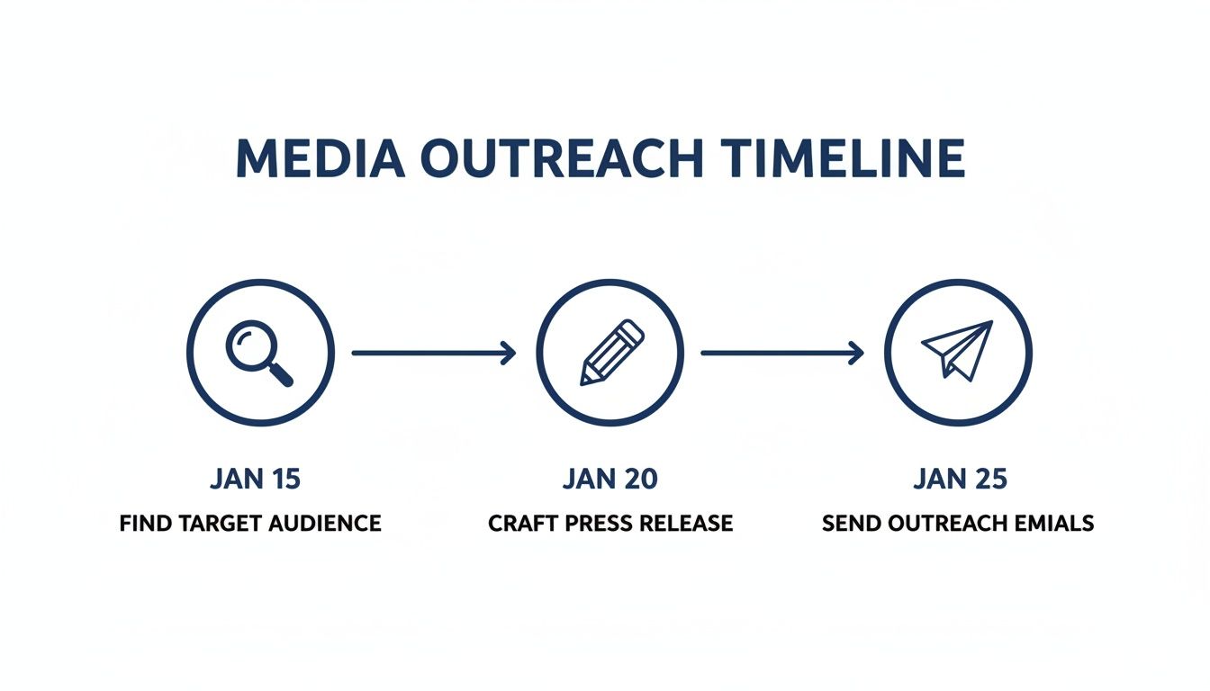 A media outreach timeline showing three steps: finding the target audience, crafting the press release, and sending outreach emails.
