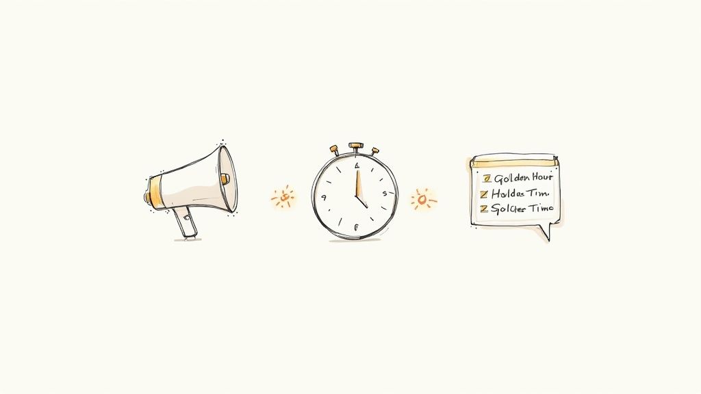 Hand-drawn icons depicting a megaphone, a stopwatch, and a speech bubble with a 'Golden Hour' checklist.
