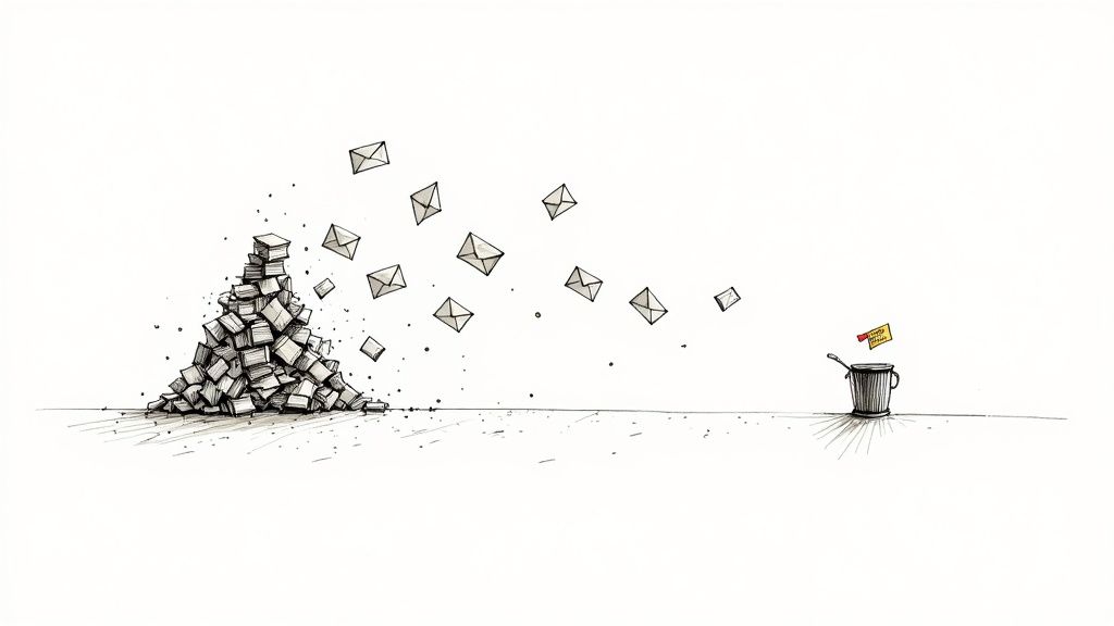 An overwhelming pile of mail and flying envelopes, with a single pitch near a trash can.