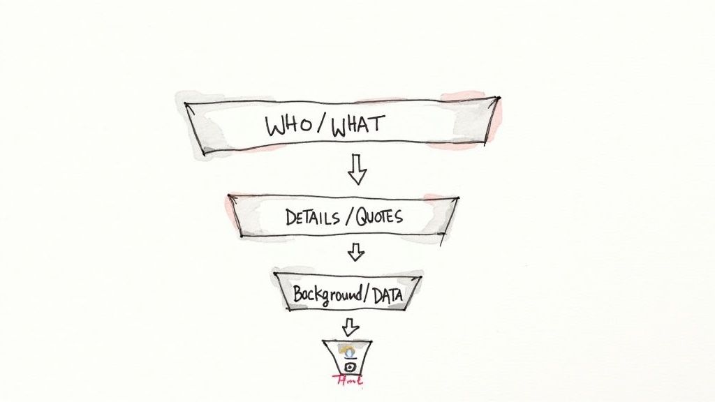 An infographic showing the inverted pyramid structure, wider at the top and narrowing down.