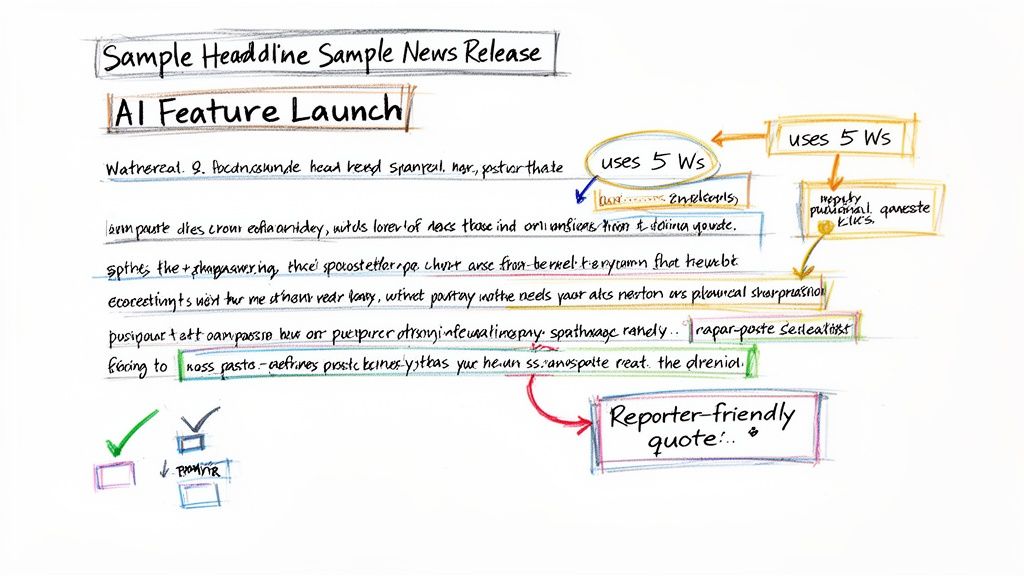 Handwritten diagram outlining a sample news release structure for an AI feature launch, including key elements.