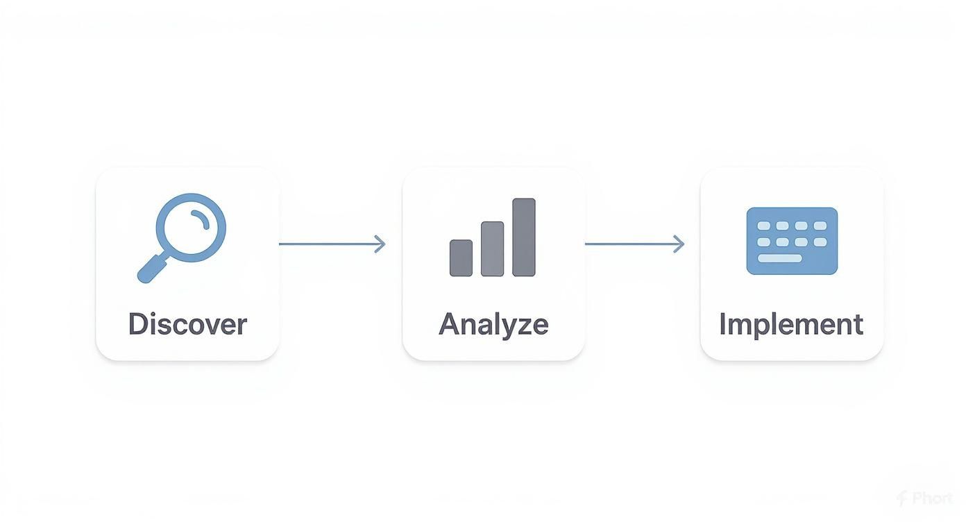 A three-step process flowchart showing Discover, Analyze, and Implement with respective icons.