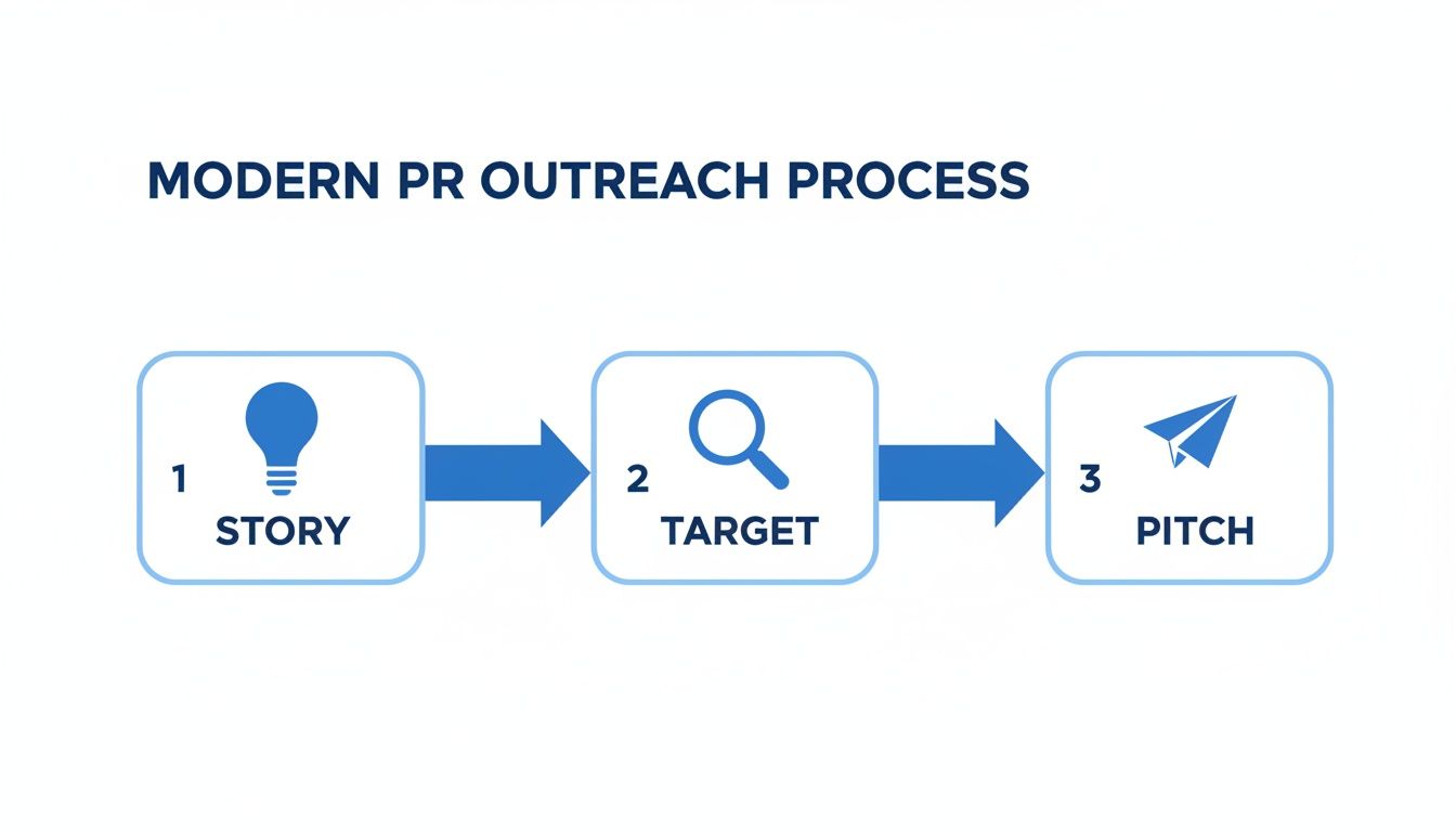 A diagram illustrating the modern PR outreach process with three steps: Story, Target, and Pitch.