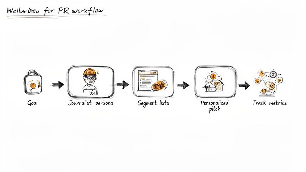 A PR professional's desk with a laptop showing a media contacts database, surrounded by notes and a coffee cup, illustrating a streamlined workflow.