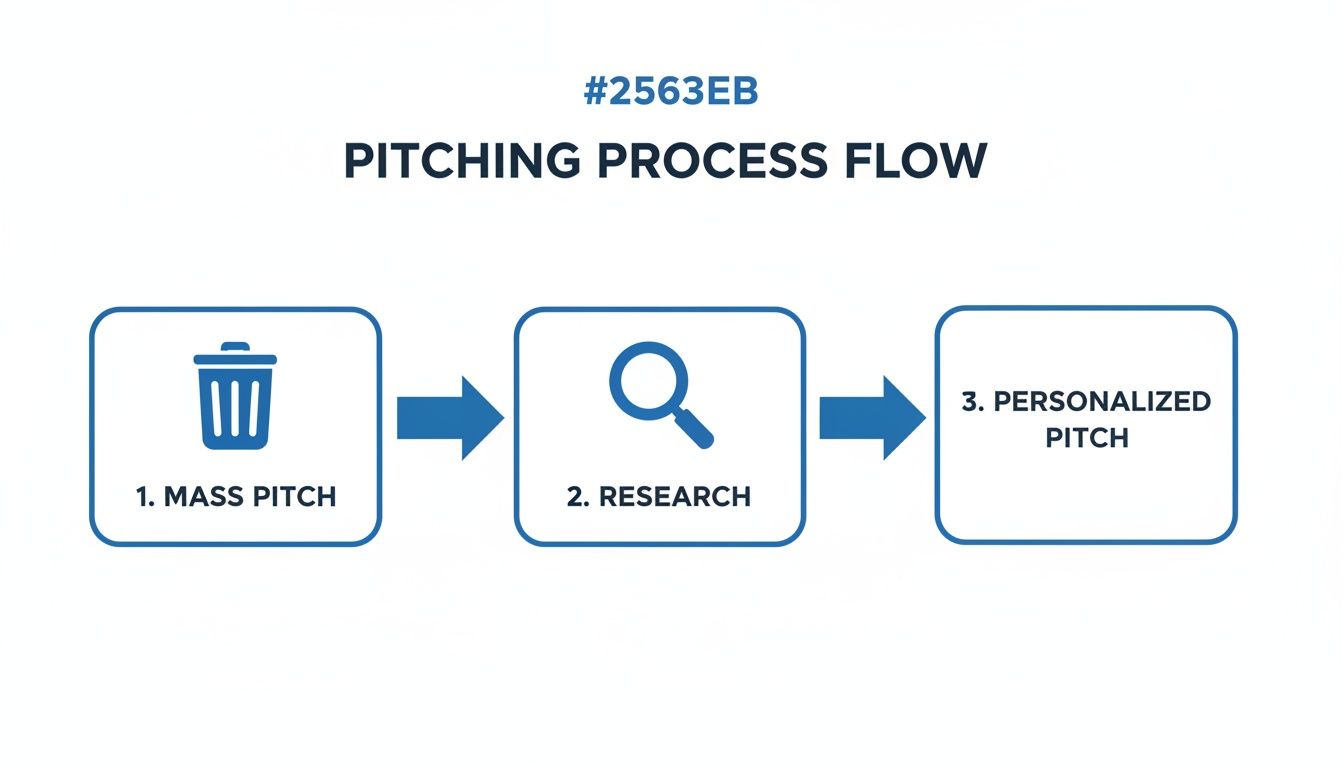 Flowchart showing three steps of a pitching process: 1. Mass Pitch, 2. Research, and 3. Personalized Pitch.