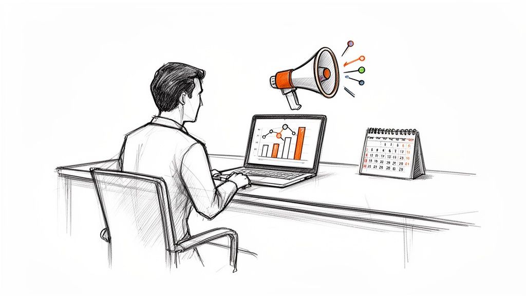 A sketch of a person planning public relations, with a laptop showing a graph, a megaphone, and a calendar.
