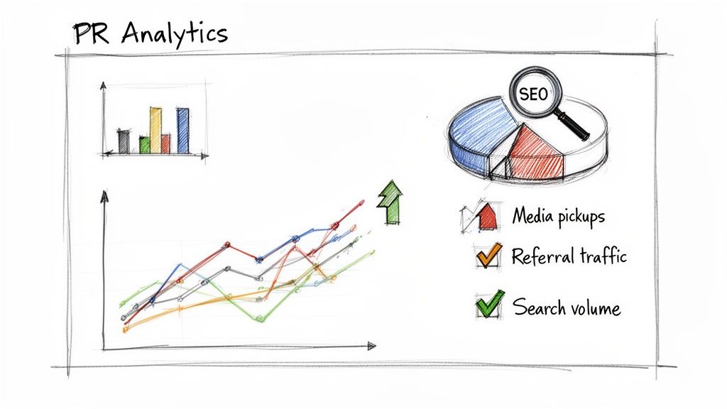 Hand-drawn PR analytics dashboard showing line graphs, a bar chart, and key metrics like search volume.