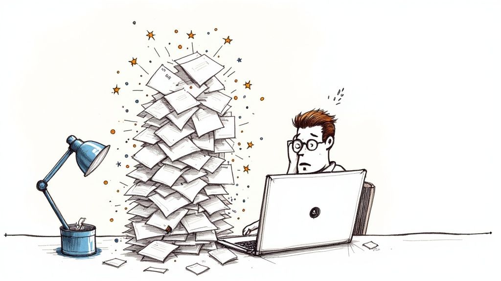 A stressed person with glasses sits at a desk with a laptop, overwhelmed by a huge stack of papers.