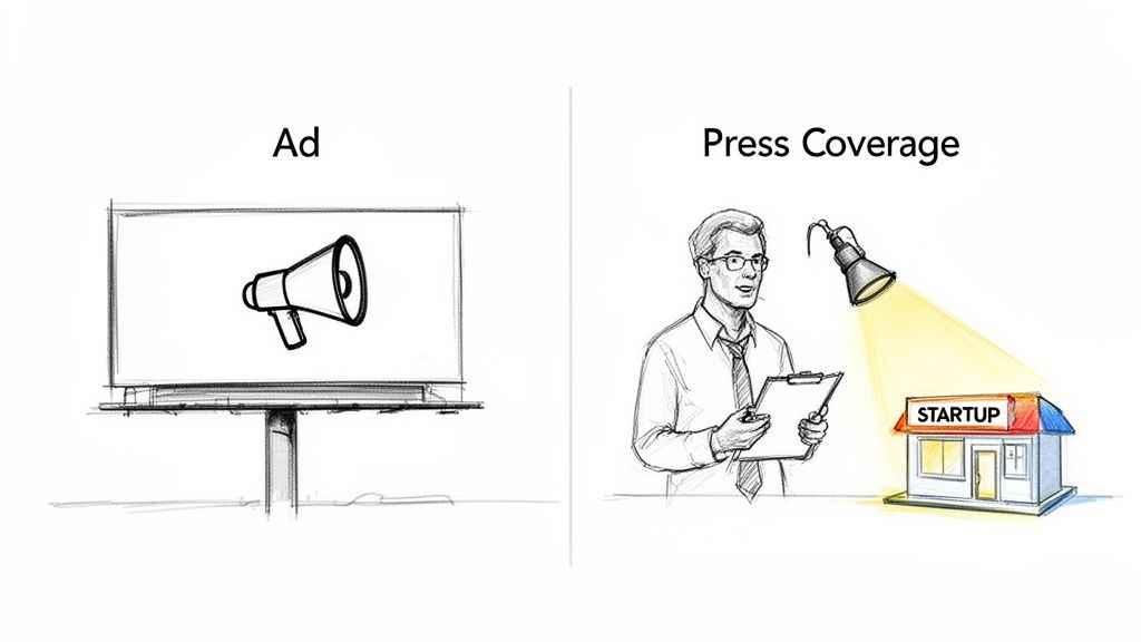 Illustration comparing paid advertising (megaphone on billboard) with earned press coverage (spotlight on startup).