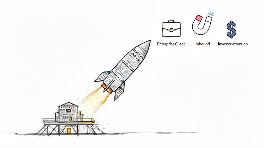 A newspaper rocket launches from a press building, with icons for enterprise client, inbound, and investor attention.