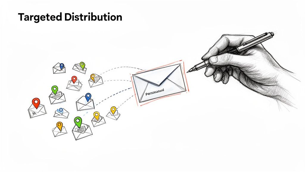 A hand with a pen points to a personalized email being distributed to multiple emails with location pins.