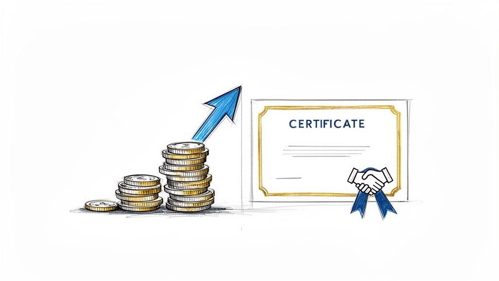 Illustration of stacks of coins with an upward arrow, a certificate, and a handshake with a ribbon.