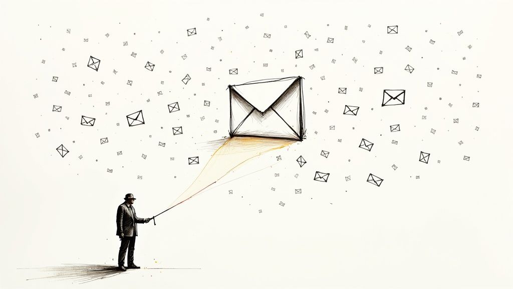 Sketchy drawing of a man fishing for a large email with a light beam, amidst numerous smaller emails.