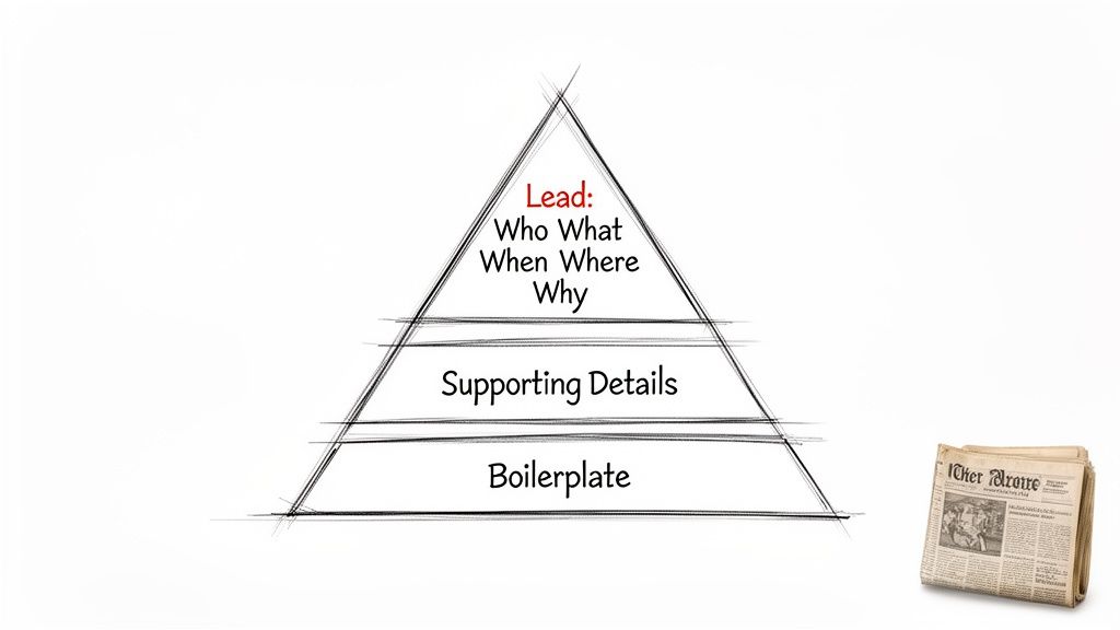 A graphic showing the inverted pyramid format for news: Lead (Who What When Where Why), Supporting Details, Boilerplate. A newspaper is to the right.