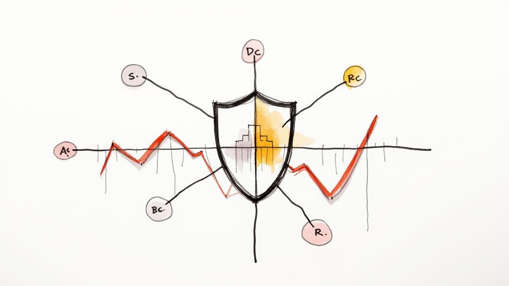 A group of professionals in a modern office, collaboratively working around a table with laptops and documents, planning a strategy with a serious and focused demeanor.