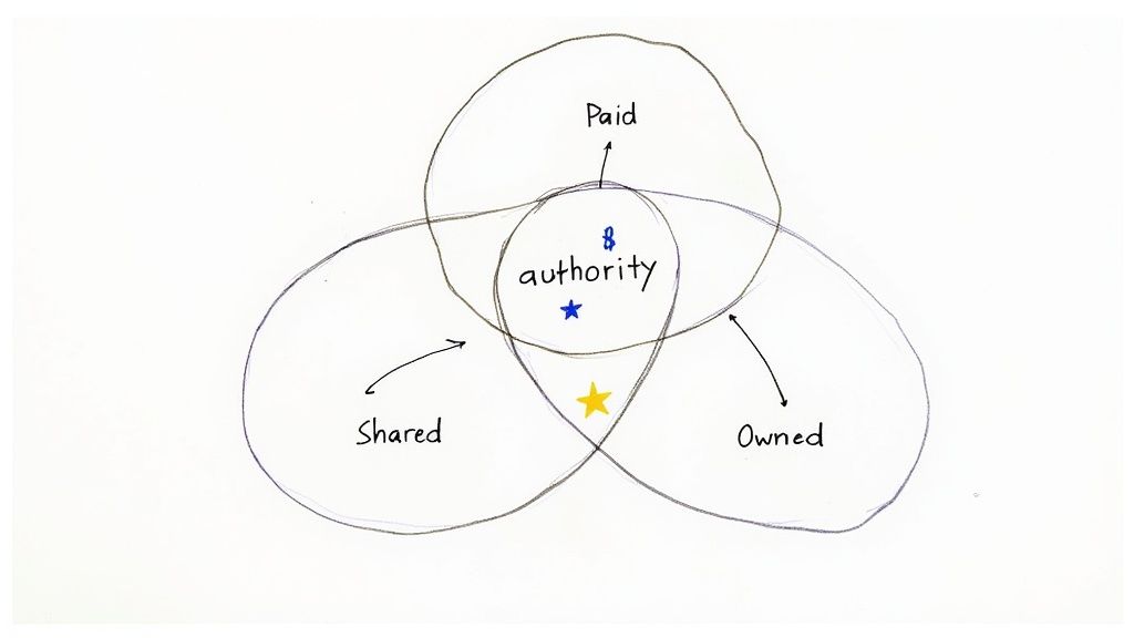 Venn diagram showing three overlapping circles labeled Paid, Shared, and Owned with authority at center
