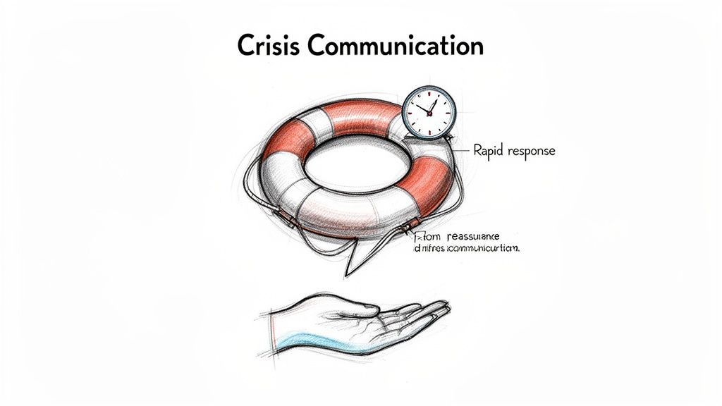 A lifebuoy with a clock, symbolizing rapid crisis communication, offering reassurance and support.