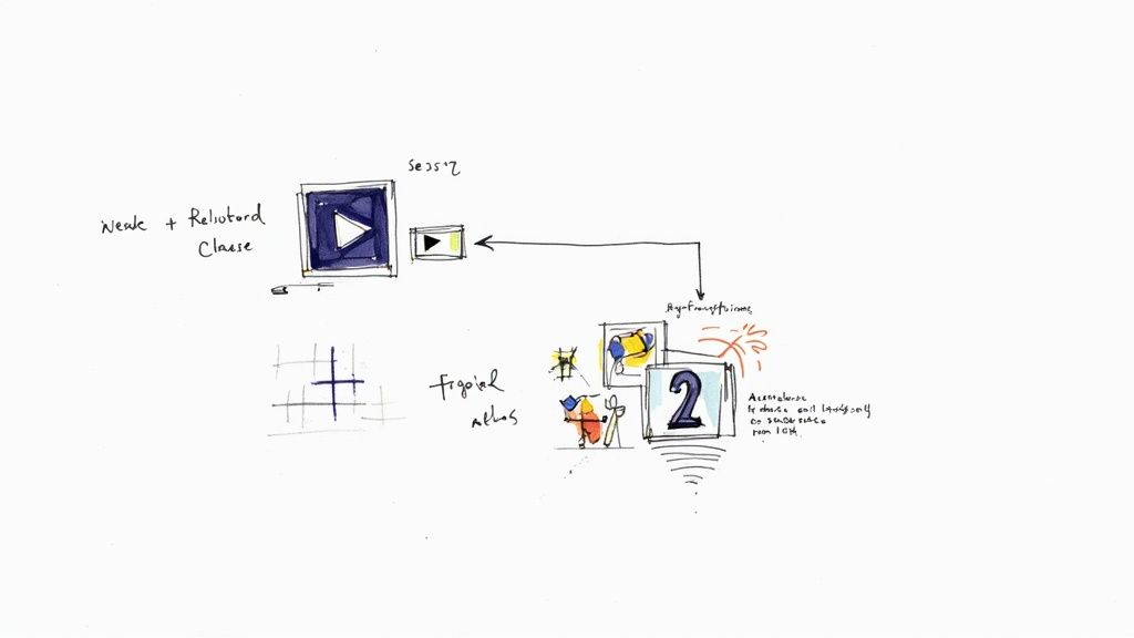 A person optimizing a press release on a laptop with SEO and multimedia icons floating around.