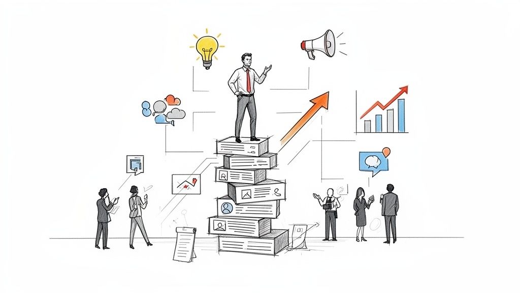 A man on a document stack with business icons and professionals, illustrating strategic leadership and growth.