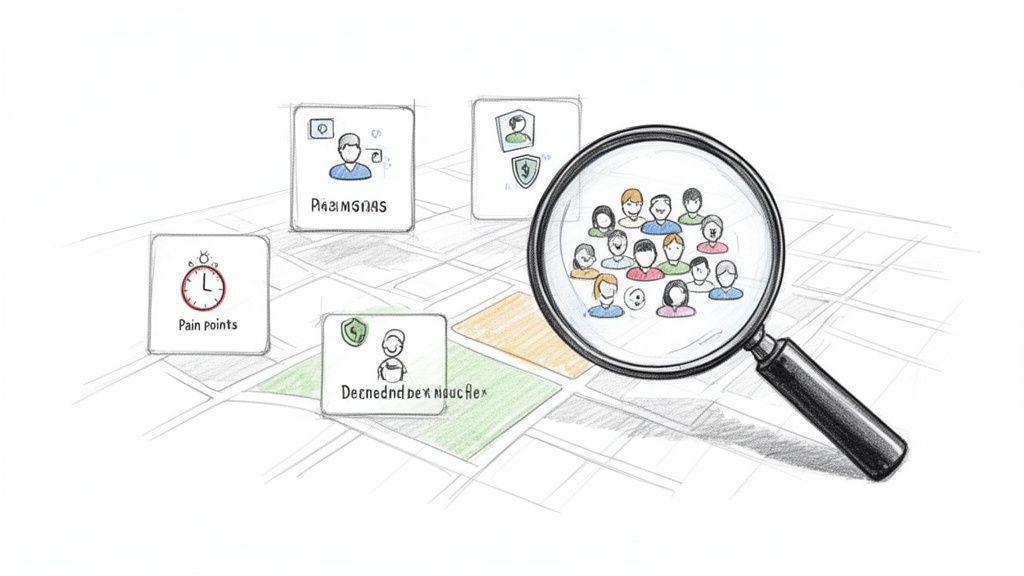 A magnifying glass highlights a diverse audience on a map, surrounded by business cards like 'Pain Points'.