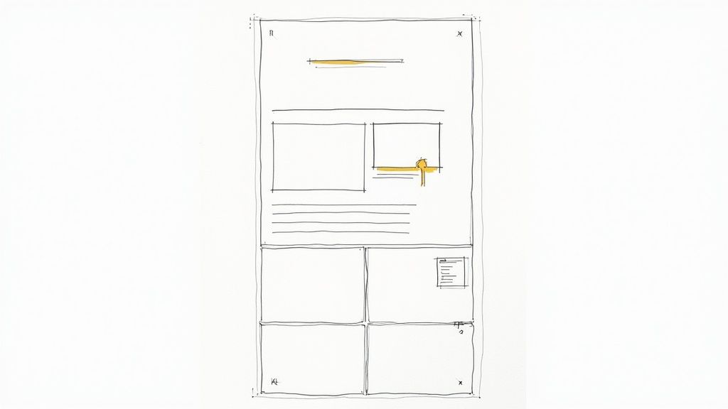 A simple hand-drawn wireframe sketch illustrating a web page layout for design and development.