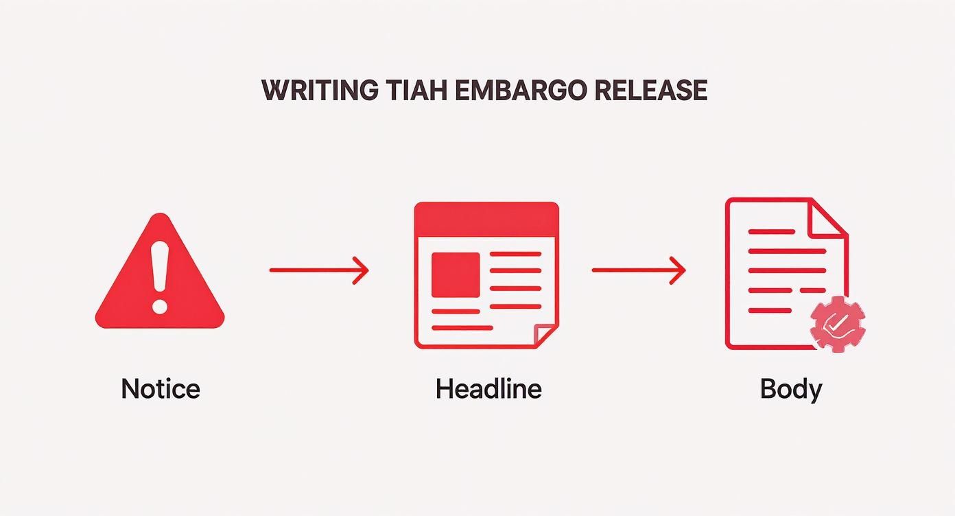 Infographic showing the process flow for writing an embargo news release, with steps for Notice, Headline, and Body.