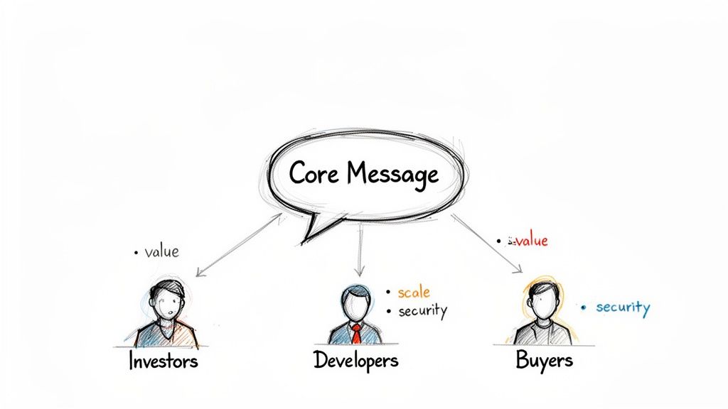 A diagram illustrates a core message tailored for investors, developers, and buyers, highlighting their unique interests.