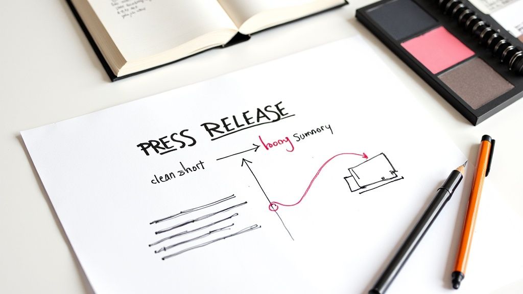 Desk flat lay with 'PRESS RELEASE' notes, pens, an open book, and a color palette.