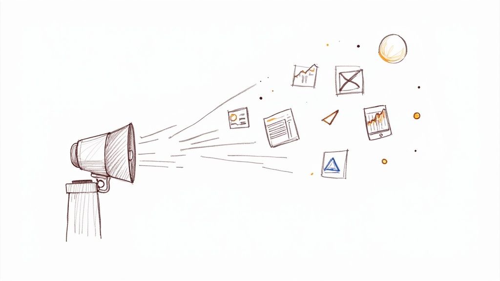 A person typing on a laptop with a lightbulb graphic, symbolizing idea generation for a press release.