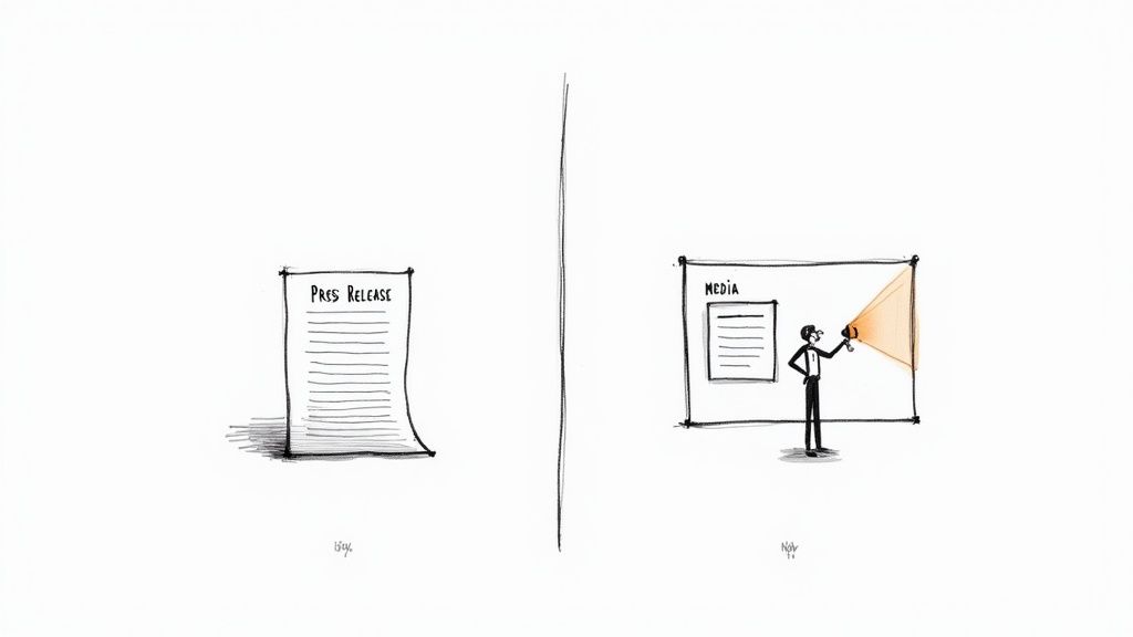 Illustration contrasting a press release document with a person actively pitching to media outlets.
