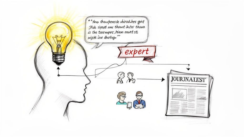 Illustration of an expert's idea being shared with journalists, leading to a newspaper article.