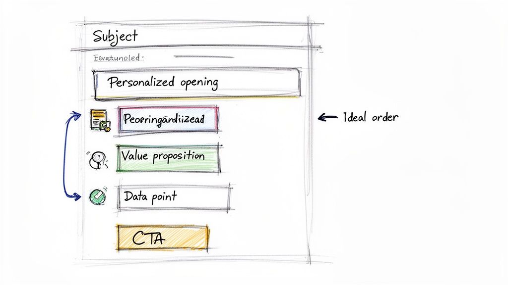 Hand-drawn sketch illustrating an email content structure with personalized opening, value proposition, data point, and CTA, showing ideal order.