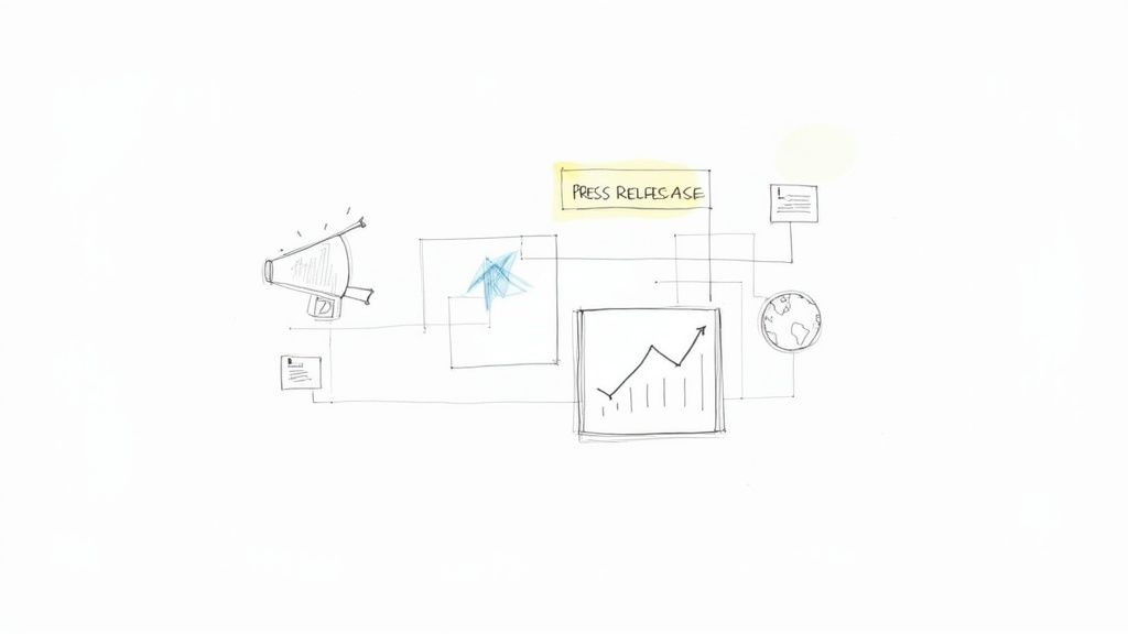 A person typing on a laptop, representing the process of writing a press release.