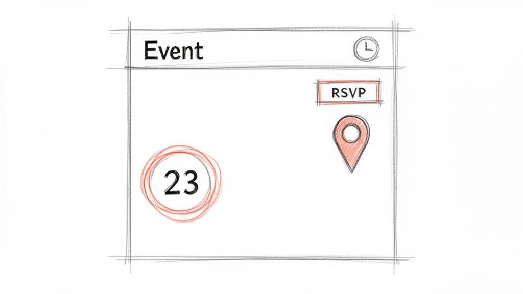 Hand-drawn sketch of an event card UI showing title, clock icon, RSVP button, and date '23'.