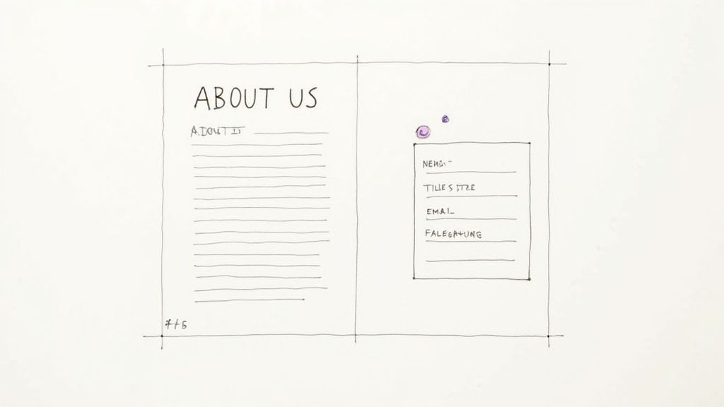 Hand-drawn wireframe sketch depicting an 'ABOUT US' webpage layout with text and a form.