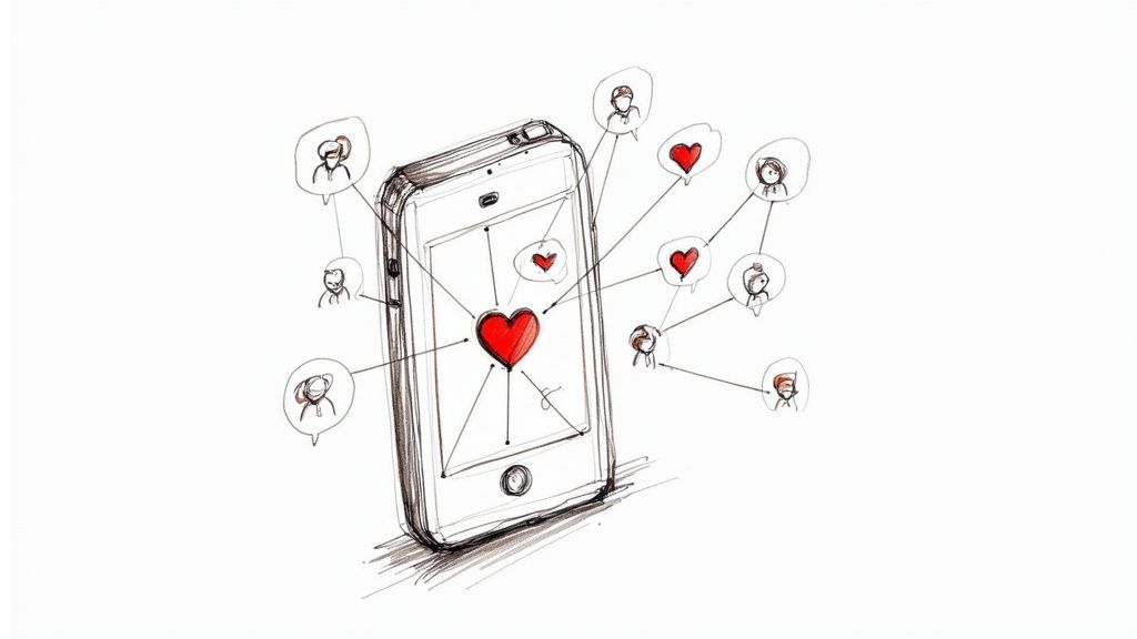 Several hands holding smartphones showing different social media apps and interactions.