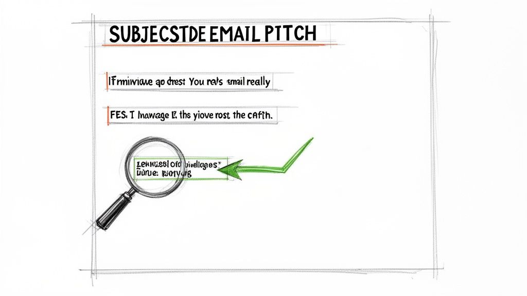 Whiteboard sketch illustrating an email pitch concept with illegible text, a magnifying glass, and an upward trend arrow.