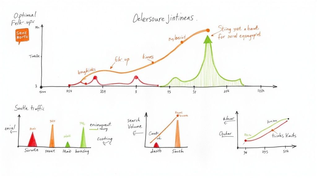 Hand-drawn conceptual graphs illustrating various data trends, traffic analysis, and search volume metrics.