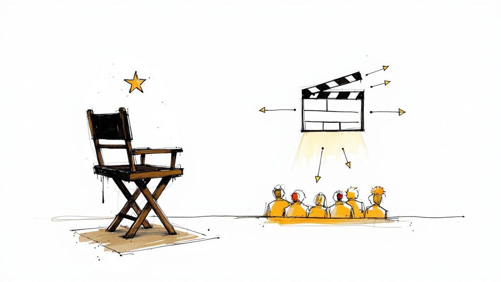 Director's chair beside film clapperboard projecting light onto audience representing movie production process