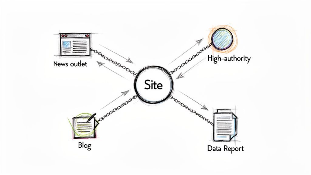 Diagram illustrating a central site linking via chains to external sources like a news outlet, high-authority site, blog, and data report.