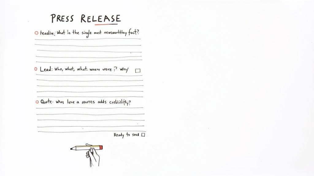 A hand-drawn press release template showing sections for headline, lead, and quote, with lines and checkboxes.