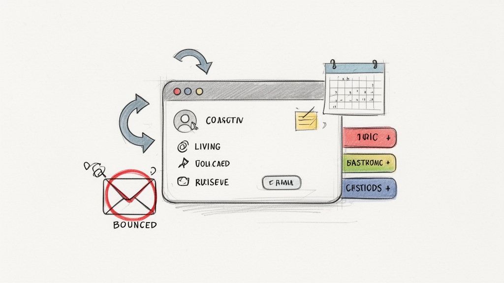 Hand-drawn sketch of a media contact management system with user profiles, calendar, and bounced email.