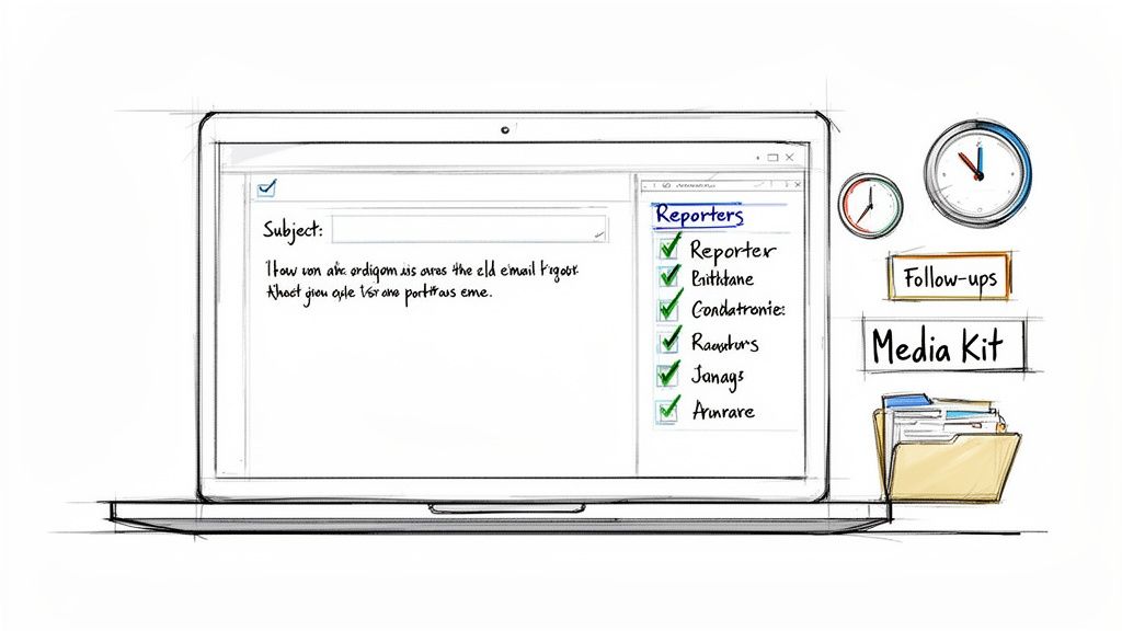A sketch of a laptop displaying an email draft, a reporter checklist, clocks, and media kit assets for PR planning.