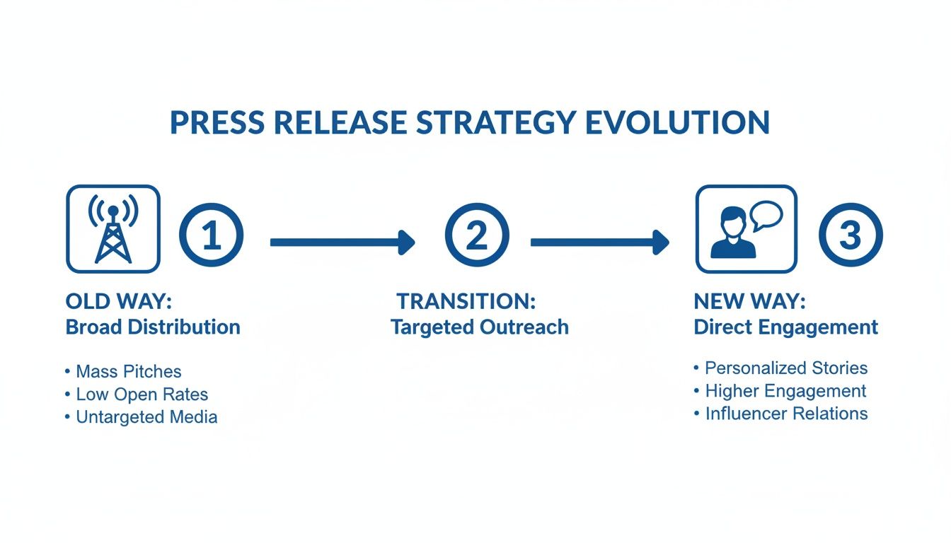 Infographic detailing the evolution of press release strategy from broad distribution to direct engagement, with key characteristics.