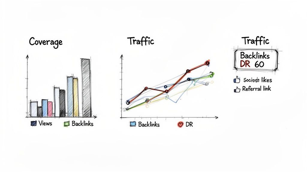 Hand-drawn SEO performance dashboard with coverage bar chart and traffic line graphs, showing backlinks, DR, and likes.
