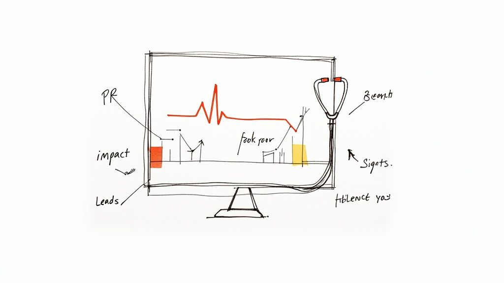 Computer monitor displaying PR analytics dashboard with ECG-style graph, charts, and stethoscope symbolizing health metrics