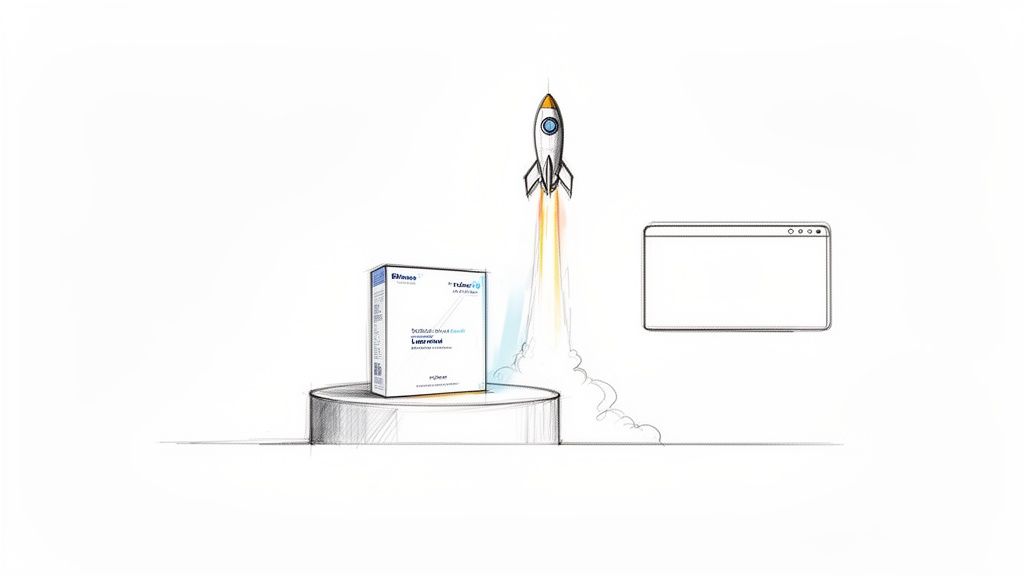 Sketch of a Sitecore and Time.io product box on a pedestal with a launching rocket and browser.