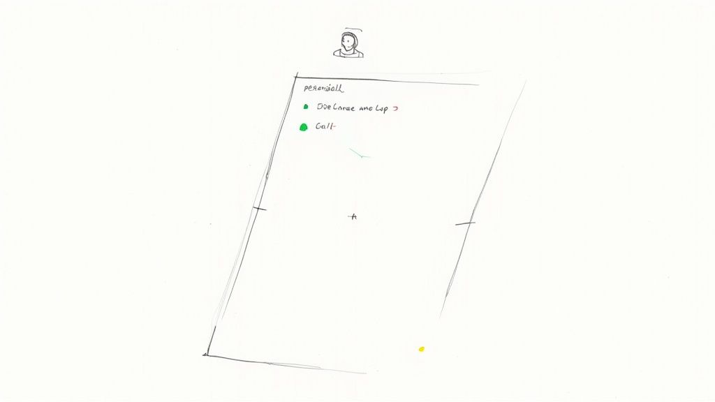 Hand-drawn checklist on paper showing personal tasks with checkmarks and profile icon at top