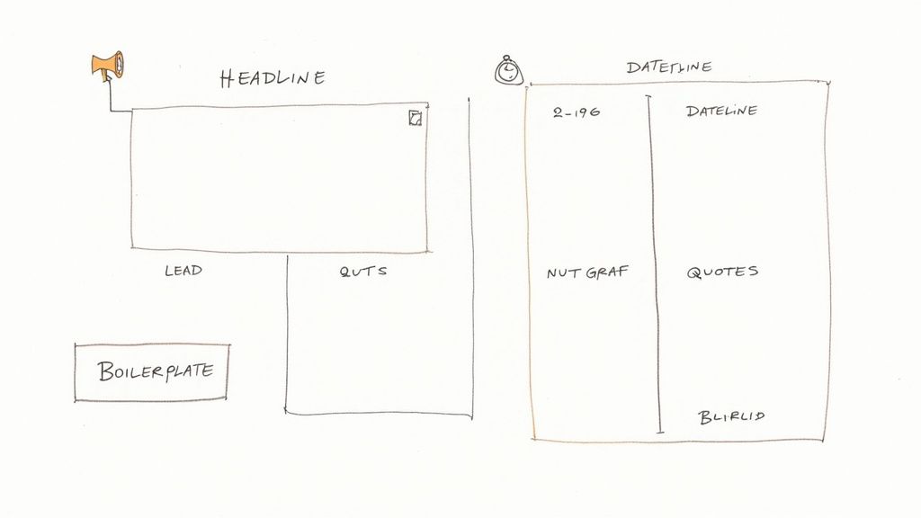 Hand-drawn diagrams illustrate the structure and key components of press releases, including headlines, lead, quotes, and boilerplate sections.