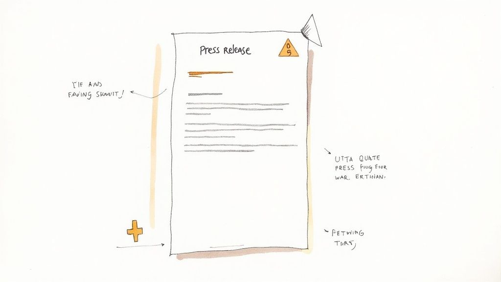 A whimsical, hand-drawn press release document with handwritten annotations and symbols on a white background.